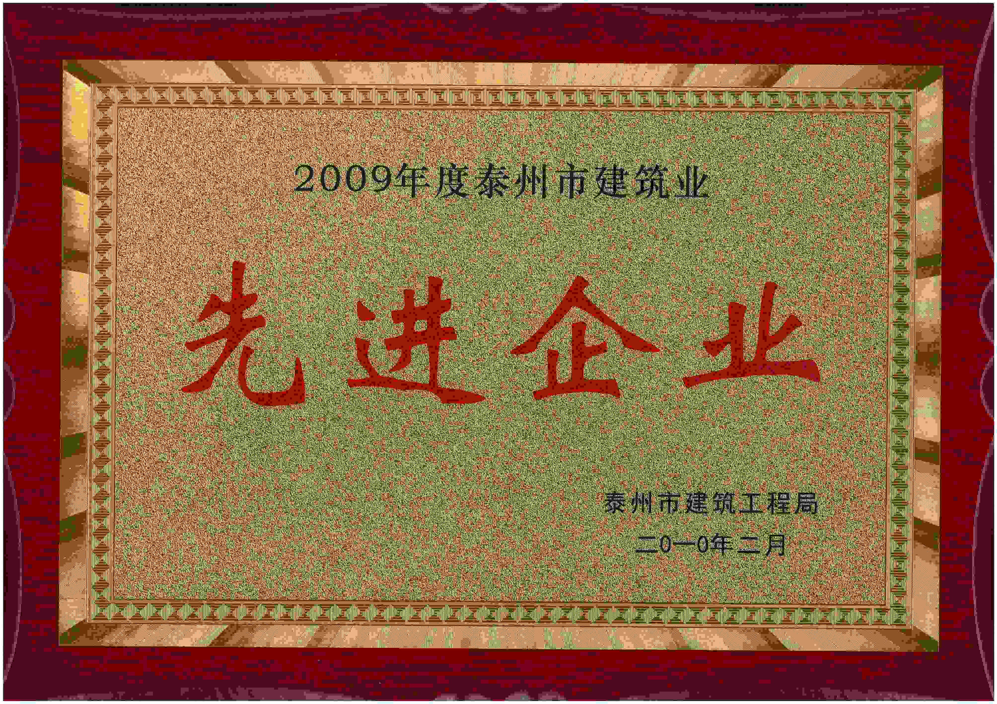 2010年 江苏省泰州市建筑工程局颁发的“2009年度泰州市建筑业 先进企业”企业荣誉奖牌