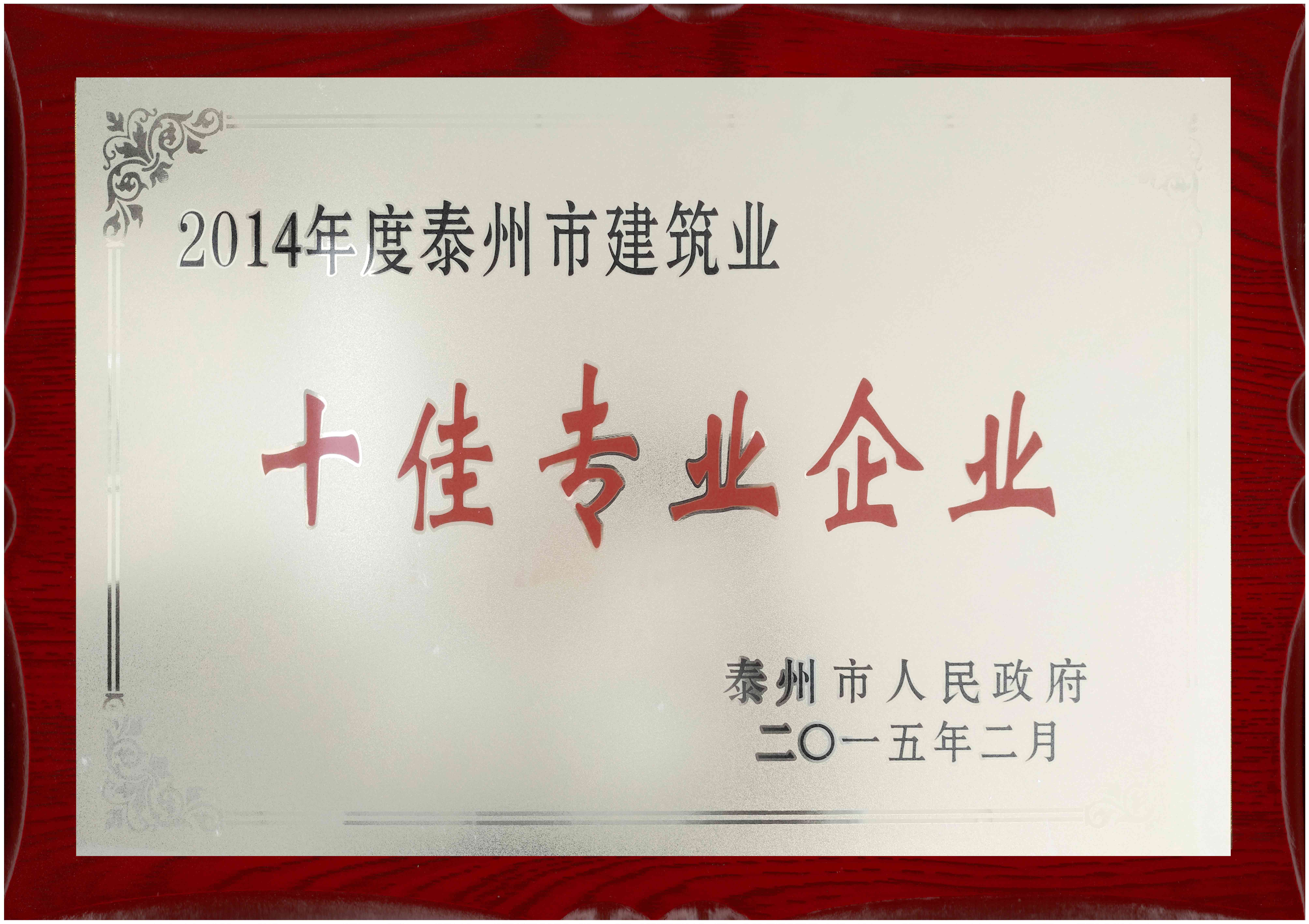 2015年 江苏省泰州市人民政府颁发的“十佳专业企业”企业荣誉奖牌