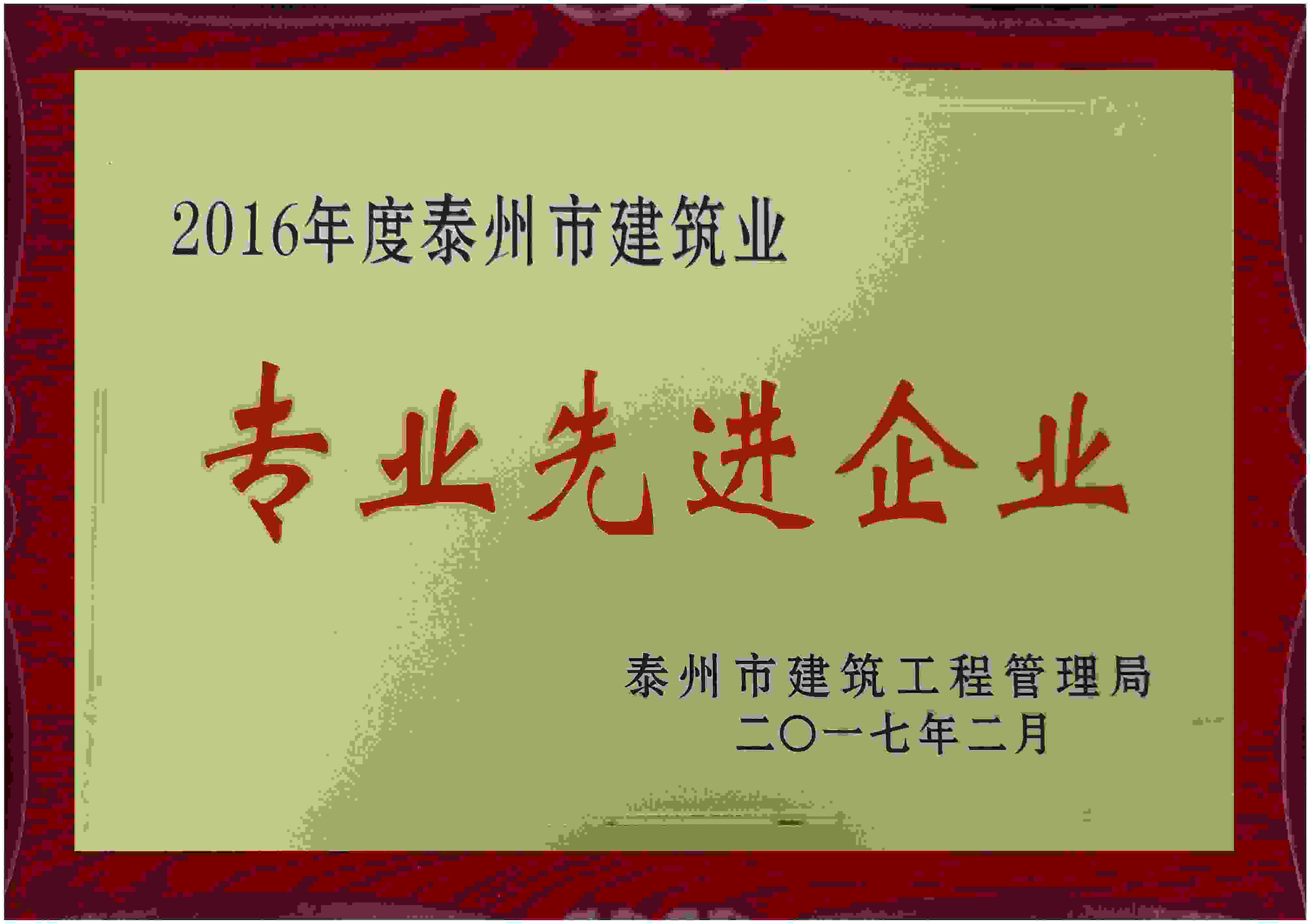 2017年 江苏省泰州市建筑工程管理局颁发的“2016年度泰州市建筑业 专业先进企业”企业荣誉奖牌